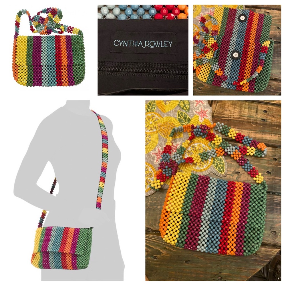 Cynthia Rowley Rainbow Stripe Beaded Crossbody Bag Purse 60s 70s Boho Style